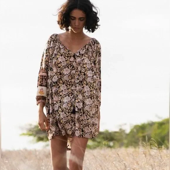 Billabong Gypset Boho Fall Brown, Pink Orange Black Floral Dress/Coverup, Size M - Picture 4 of 14